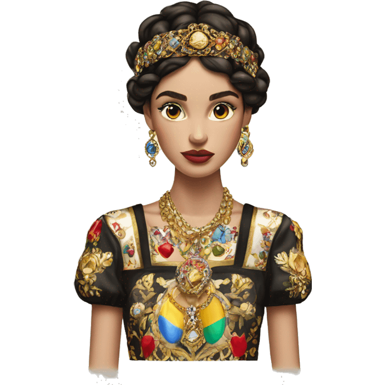 Dolce and Gabbana Italian model with dark hair and headband with colourful ornament and golden detais  emoji