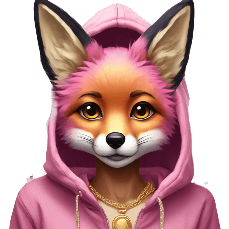 Pink magenta burgundy maroon beige fox wearing a pink hoodie with gold jewellery gold piercings gold ear piercing gold nose piercing vintage watercolour tie dye black raven wings emoji