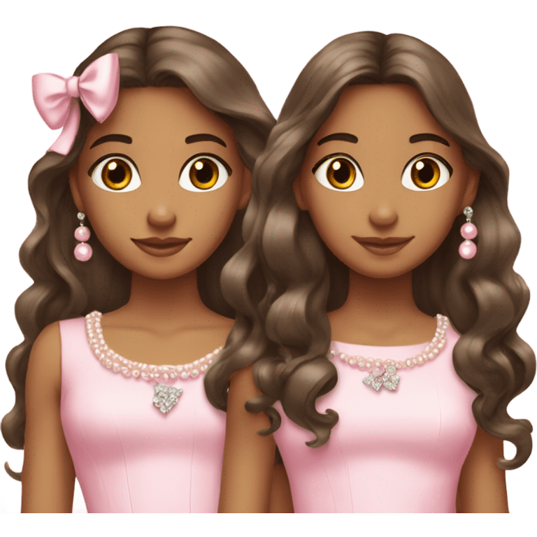 two pretty teenage Latina twins. pink. Long hair. Pink bows. Pearls. Light pink. Diamonds dress. emoji