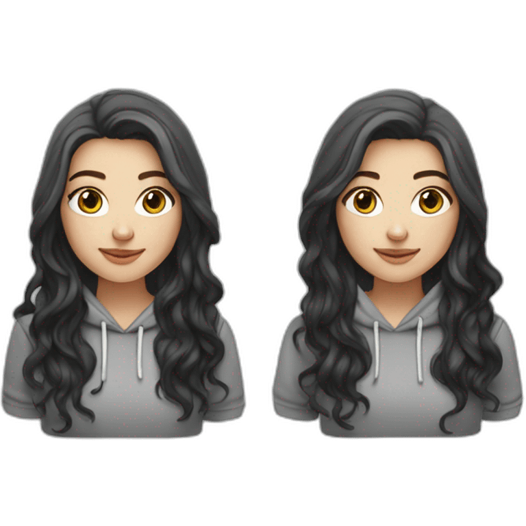 white girl with long black wavy hair with gray eyes in a hoody emoji