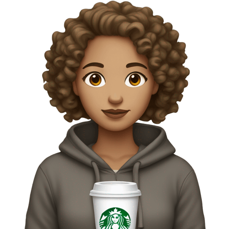 Light skin girl with gray hoodie, brown, curly hair, brown eyes with Starbucks emoji