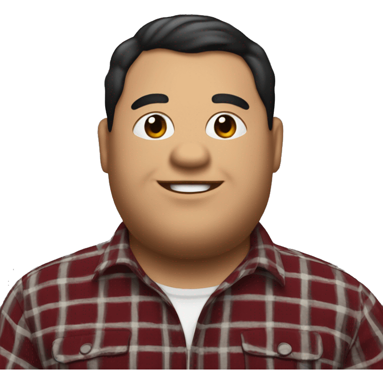 Fat man wearing a darkred and black plaid flannel shirt profile picture, happy, black hair emoji