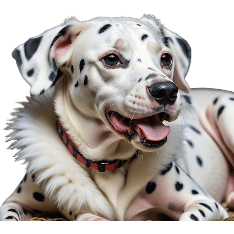 Cinematic Cute Yawning Spotted Dalmatian Portrait Emoji, Head tilted slightly with a dramatic, wide-open yawn, showcasing a smooth Fur of predominantly white with bold black patches, floppy ears slightly drooping, round eyes barely open in drowsy contentment, Simplified yet irresistibly adorable features, highly detailed, glowing with a soft, cozy glow, high shine, relaxed yet expressive, stylized with a touch of whimsy, bright and endearing, soft glowing outline, capturing the essence of a sleepy yet affectionate guardian, so drowsy it feels like it could stretch out of the screen and curl up for a nap! emoji