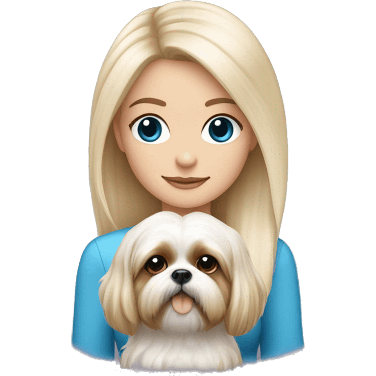 White blond girl with long hair and blue eyes holdin a small shih tzu dog emoji