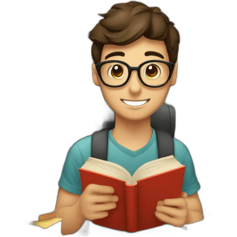 joven estudiante con  con un libro en sus manos y en su cabeza, junto a muchos libros y una lampara y un libro en su cabeza emoji