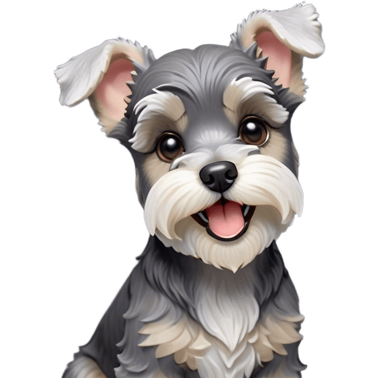 Cinematic Cute Yawning Miniature Schnauzer Portrait Emoji, Head cocked with a wide, adorable yawn and droopy, charming eyes, featuring a neatly trimmed, lovable salt-and-pepper fur, simplified yet irresistibly cute, highly detailed, glowing with a warm, relaxed radiance, high shine, exuding a sleepy yet spirited charm, styled with a soft, cozy glowing outline, capturing the essence of a Miniature Schnauzer mid-yawn, radiating pure, drowsy cuteness! emoji