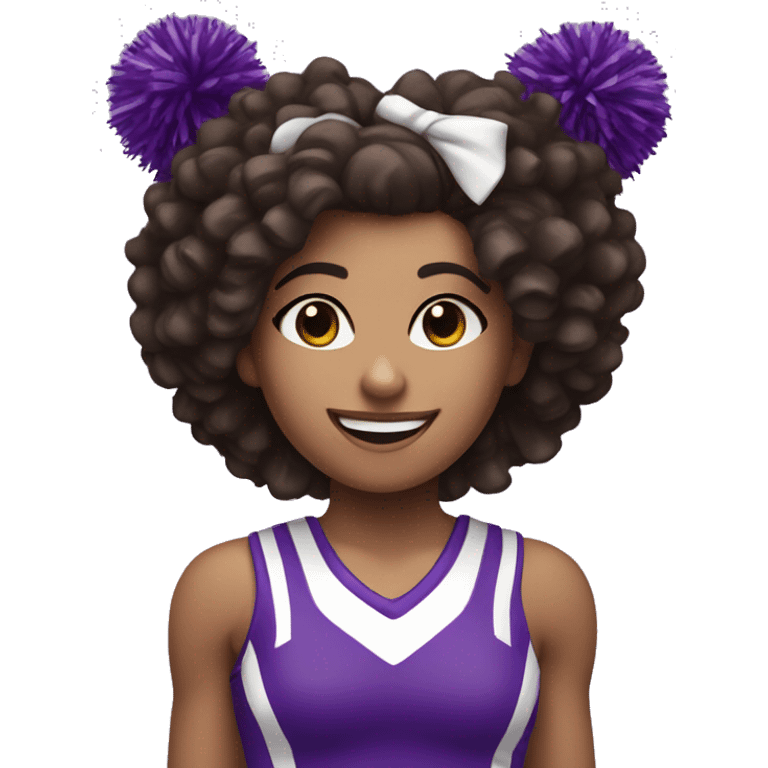 White-skin cheerleader with dark brown curly hair, cheering with two purple Pom poms emoji