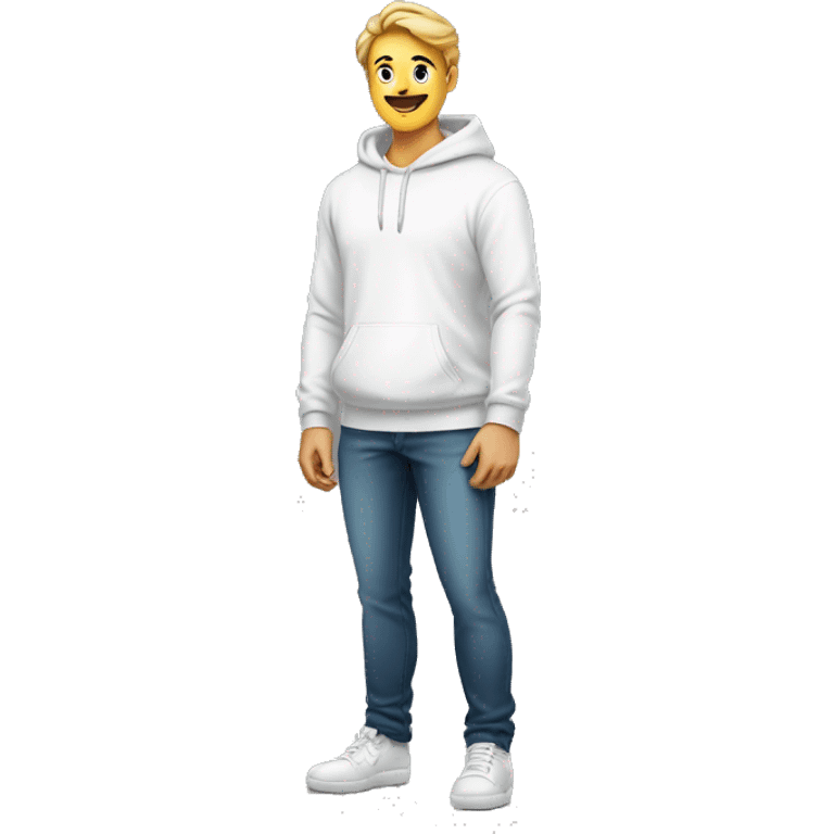 An emoji of a handsome man wearing a white hoodie, standing confidently with a friendly and relaxed expression emoji