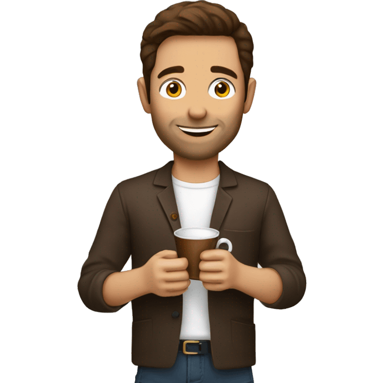 Brown haired man holding an mini cup of espresso emoji