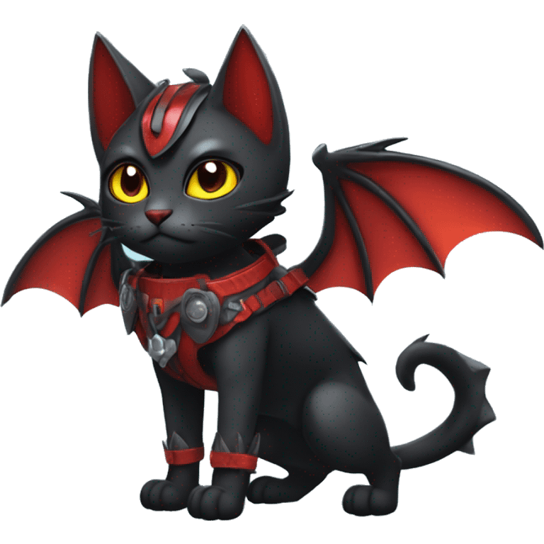 Cool Edgy Ethereal Fantasy Litten-Nargacuga-Cat with black bat-wing-ears with a red harness full body emoji