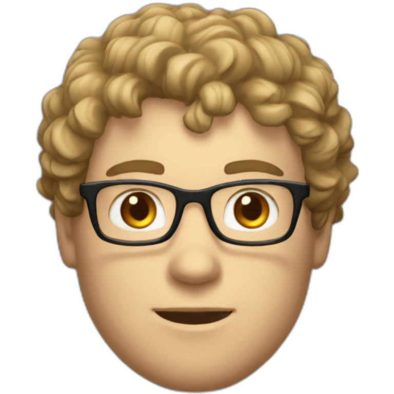 White man with short, curly, wavy hair and glasses. Pretty forehead, and he is a gamer. emoji