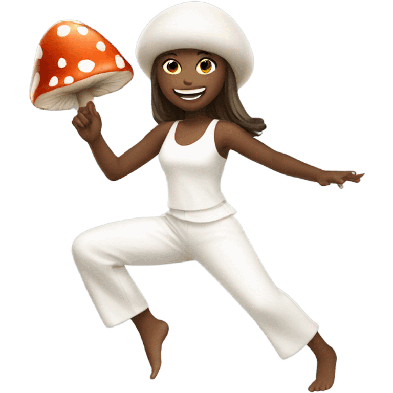 Girl wearing an all white dancing outfit dancing with a mushroom  emoji