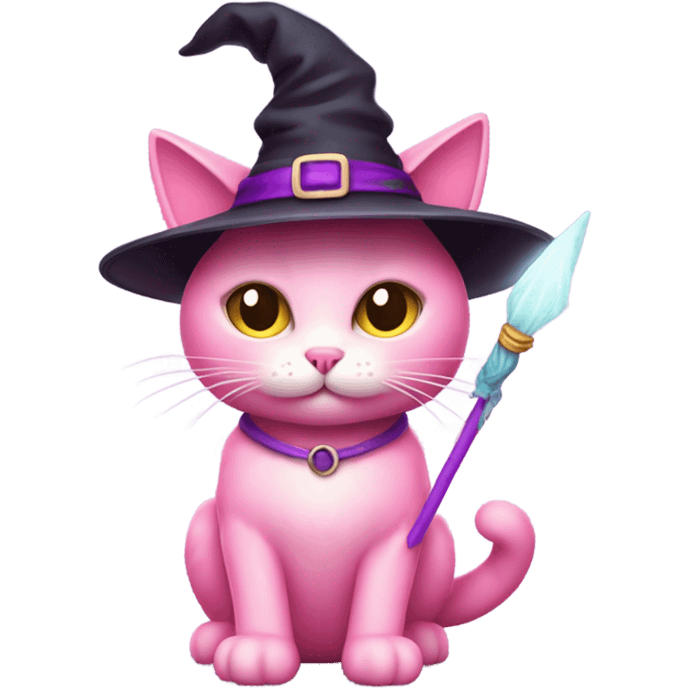 Pink kitty with wand and witches hathat emoji