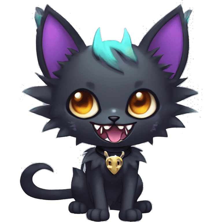   cool edgy beautiful anime-style ethereal dark-punk-themed animal vampiric cat-hybrid Fakemon with fangs and bat-wing-ears with a collar full body emoji