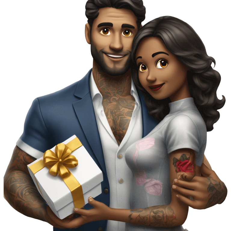 Hyper Realistic beautiful woman receiving a gift and a box of chocolates from a handsome tattooed man  emoji