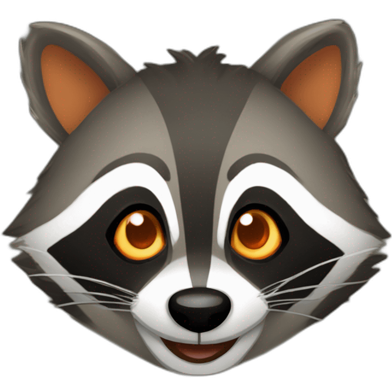 brown raccoon with orange eyes and a dark green hood that is laughing emoji