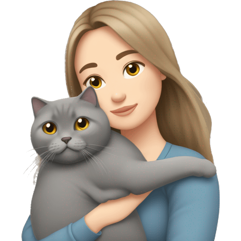 fat British shorthair grey cat hugging long brown hair white woman emoji