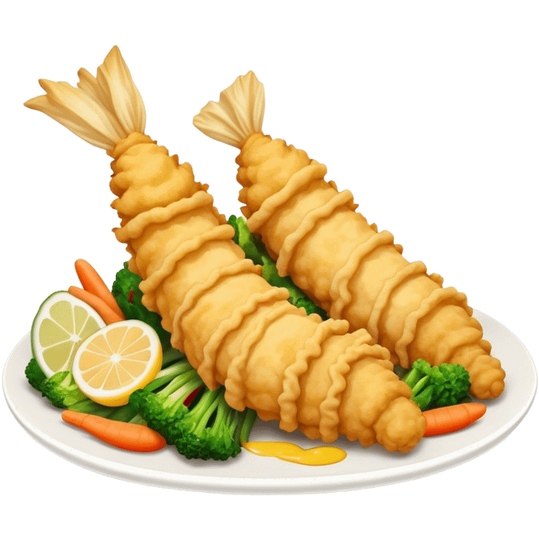 Tempura Cinematic Realistic Tempura Dish Emoji, depicted as extra crispy, lightly battered seafood and vegetables, rendered with vivid textures and dynamic, bright lighting. emoji