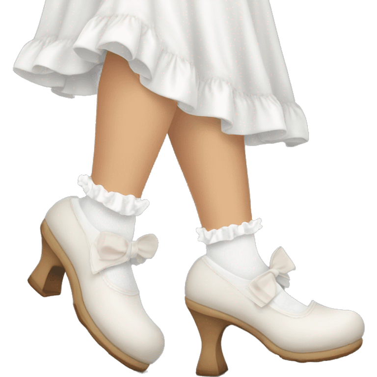 two white legs with white frilly socks and soft white brown marry jane woman shoes  emoji