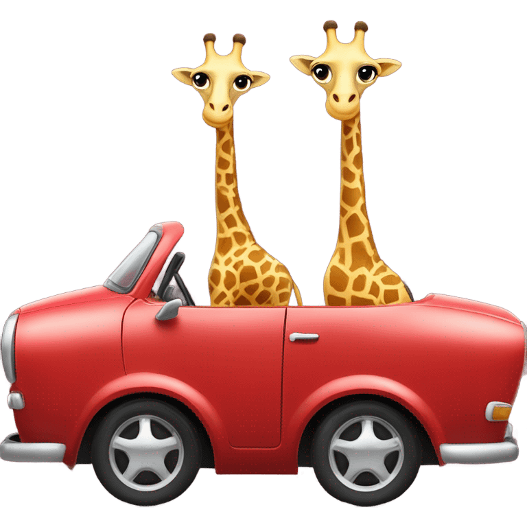 two cute giraffes driving in a red car emoji