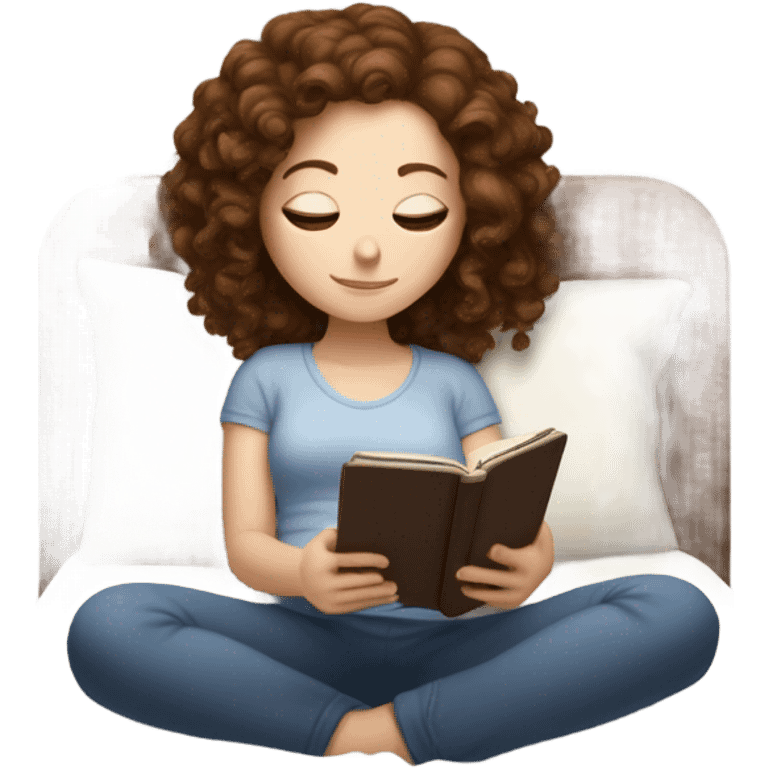 White girl with curly brown hair reading on kindle laying in bed emoji