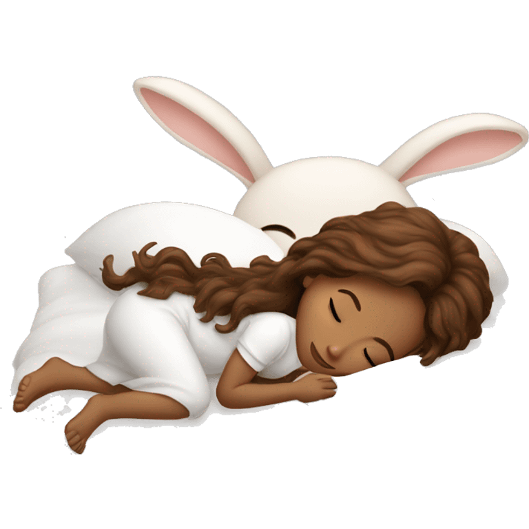 girl with brown beautiful hair sleeps in white bed with bunny emoji