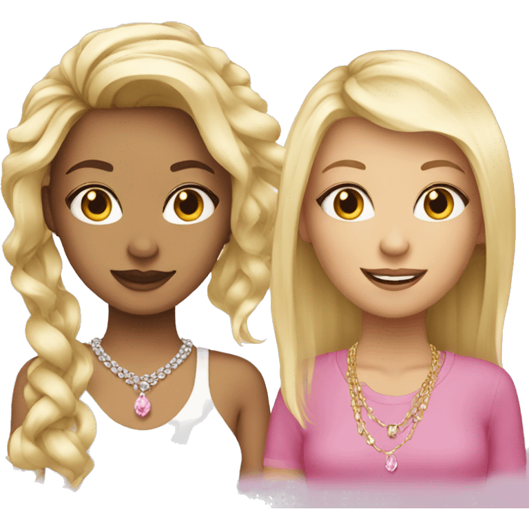 girls with long hair jewelry one has pink long bob one is blonde  emoji