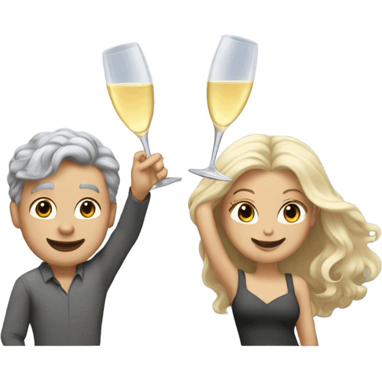 a white boy with gray hair and a girl with long blond wavy hair dancing with a glass of champagne emoji