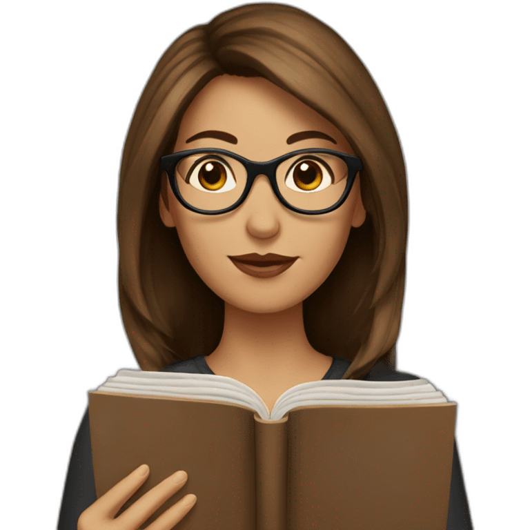 Woman with brown hair and black glasses reading a book emoji