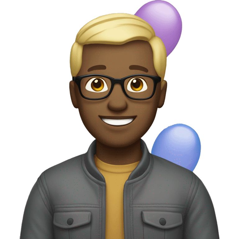 celebrating man with light skin colour, with squared glasses, blond hair, no beard, wearing a scarf, balloons in the background emoji