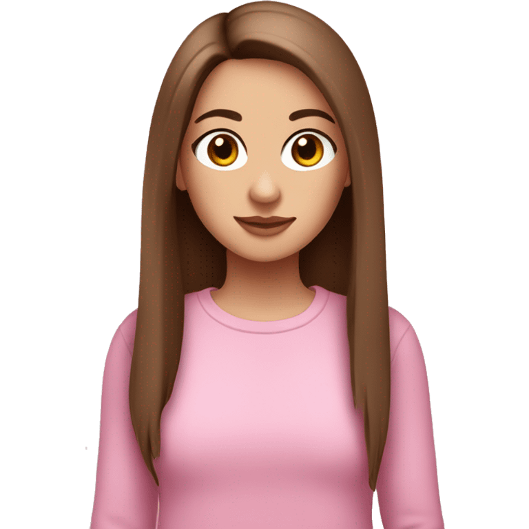 white girl with straight brown hair and brown eyes wearing a pink jumper with ling eyelashes emoji