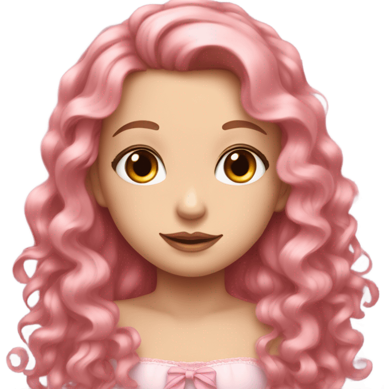 A white girl face with cute pinkish makeup and pretty pink hair ribbon and brown long curly hair; long like ling hair princess emoji