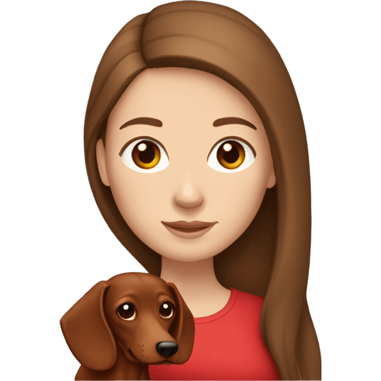 White girl with straight brown hair holding a red dachshund  emoji