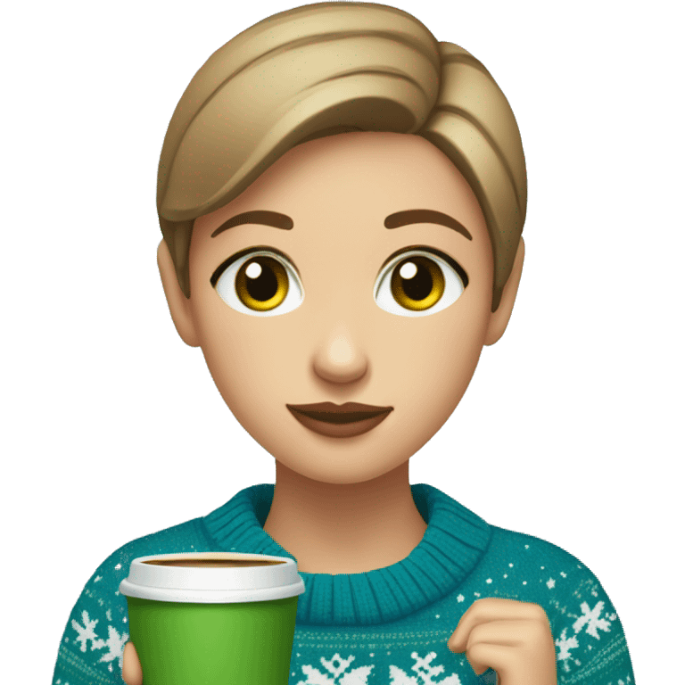 Light brown short haired girl with green eyes drinking coffee wearing blue Christmas sweater emoji