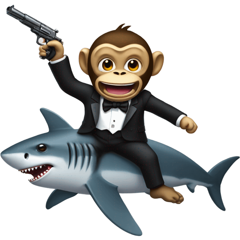 monkey riding a shark holding a gun wearing a tuxedo emoji