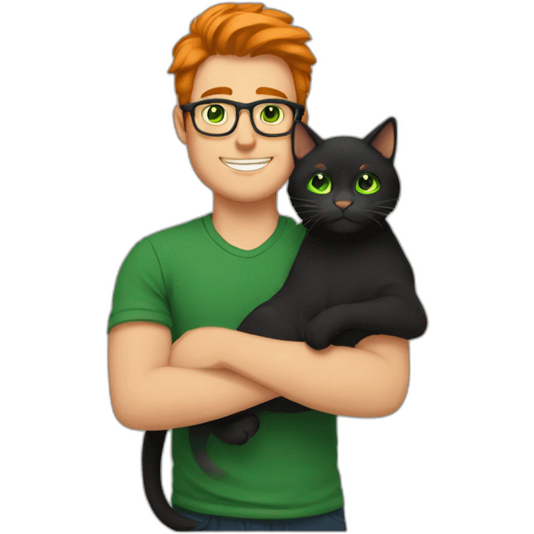 White guy with green eyes, black shirt hair and with glasses hug orange percian cat emoji