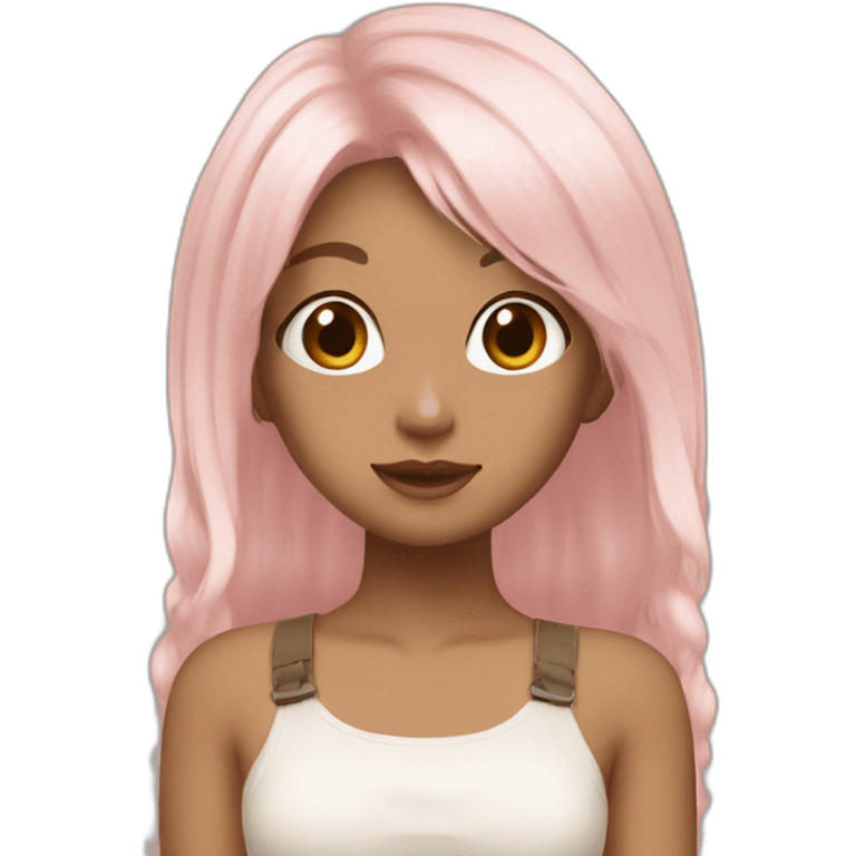 Cute girl aesthetic with light pink hairs and light brown top with white pants standing  emoji