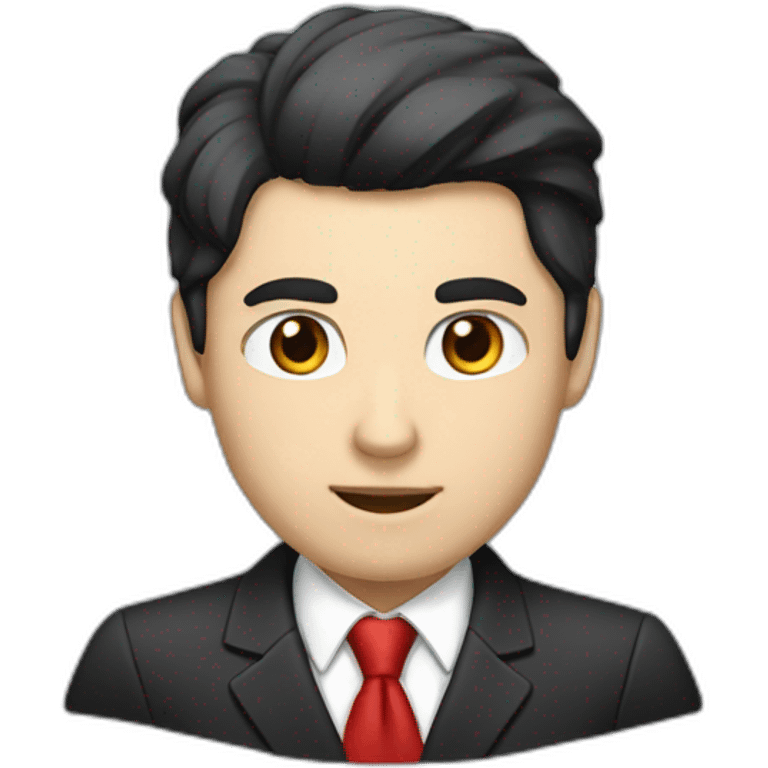 Boss with white cat, white skin, black hair, brown eyes, black jacket with red tie. speek with client emoji