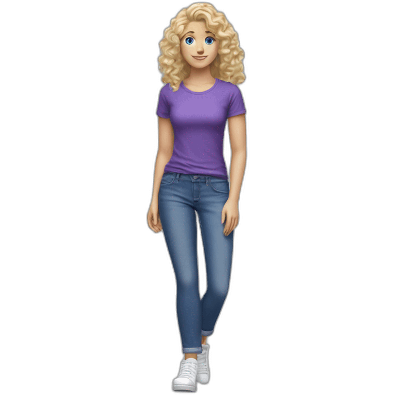 realistic caucasian long curly blonde blue eyed woman purple top blue jeans white sneakers emoji