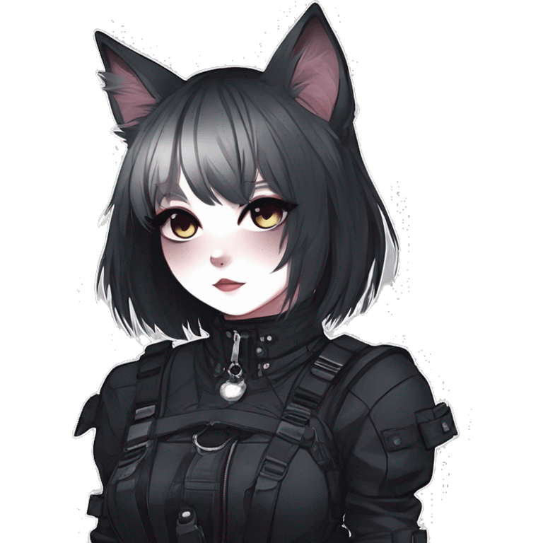 Gorgeous gothic dark techwear anime style anthro cat with blushing face aesthetic and pretty edgy black with collar and harness trending style emoji