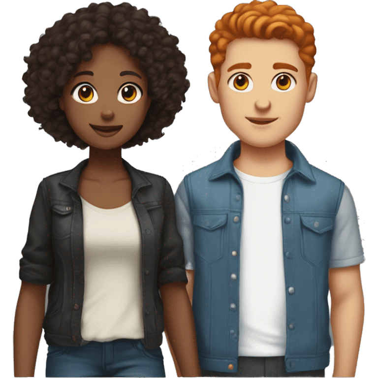 do couples with the girl having short/ medium length red hair and blue eyes, skin not super fair but light and the boy having same skin tone, black curly hair and brown eyes. If emojis of them standing do streetstyle clothing for both.  emoji