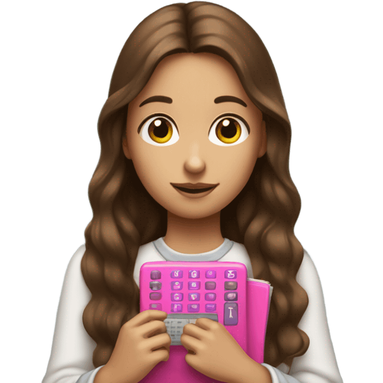 Girl with long brown hair holding one pink calculator emoji