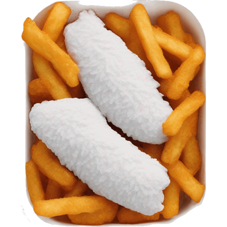 3 chicken tenders with crinkle fries and orange sauce on the side in a styrofoam container emoji