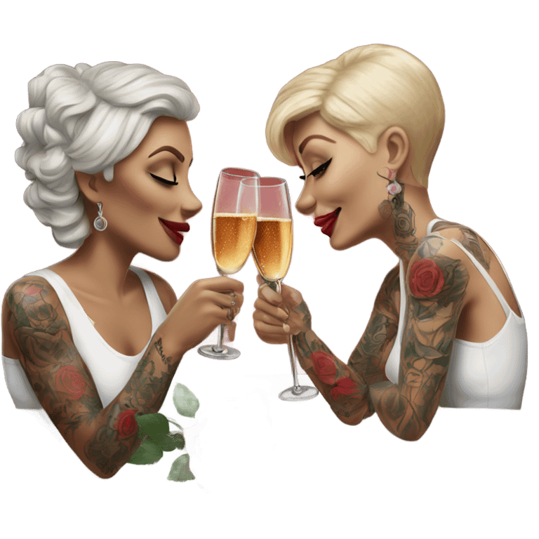 Hyper Realistic tattooed couple drinking champagne with red roses  emoji