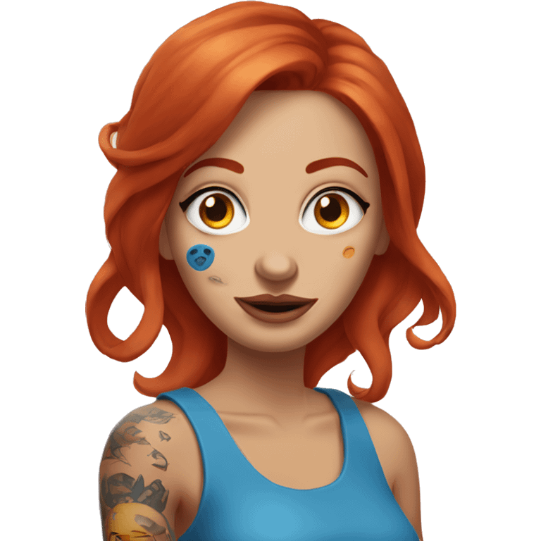 Woman with red hair, nose piercing, blue eyes and arm tattoos holding fried eggs emoji