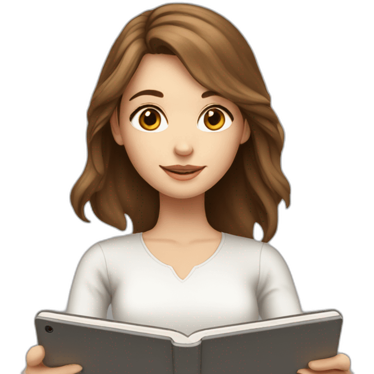 white pretty girl with  brown hair is studying on a tablet emoji