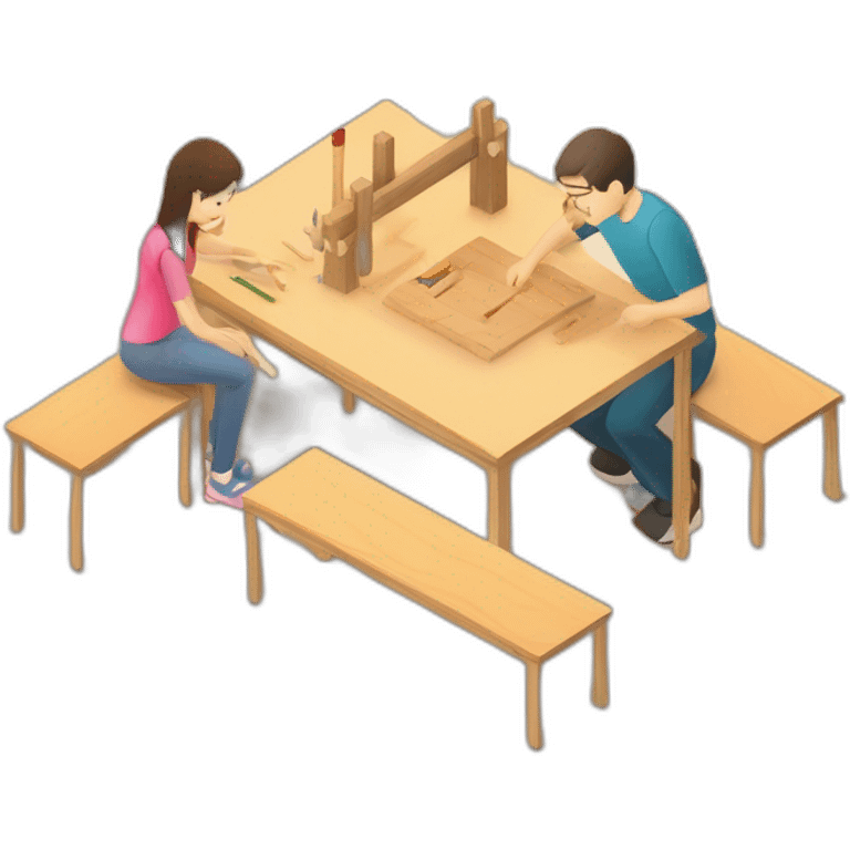 isometric square transparent solid outline border containing indoor woodworking teacher with student teaching in creative workshop on long table emoji