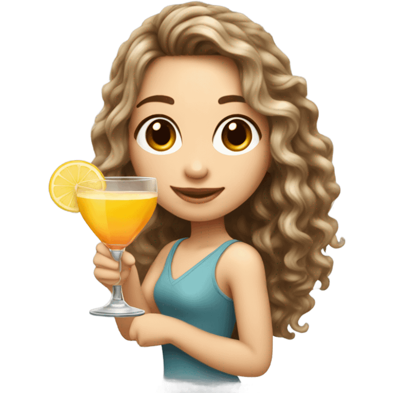 Beautiful girl with flowy Long curly brown hair with blonde highlights, white skin with a cocktail emoji