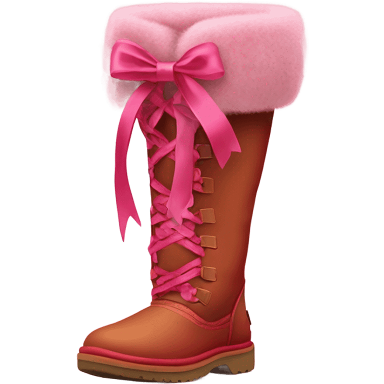 Realistic isolated pair of tall Red Ugg Fur Boots laced up with pink silk ribbon bows. emoji