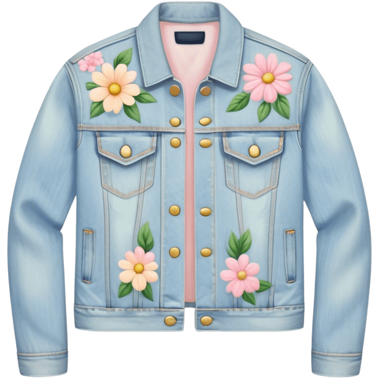 light wash denim jacket with pastel flowers painted on emoji